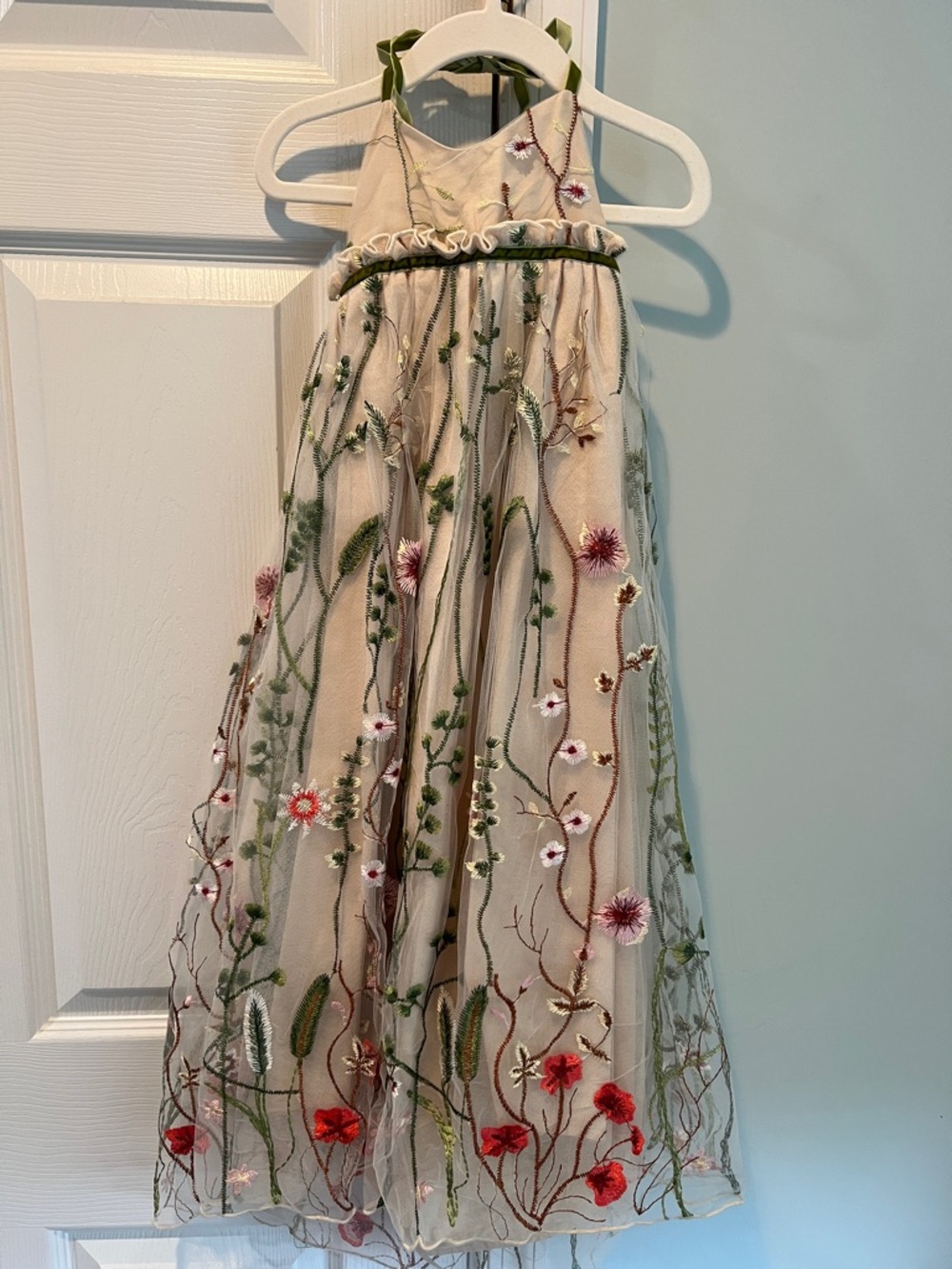 Girls Cream Floral Embroidered Tulle Halter Dress